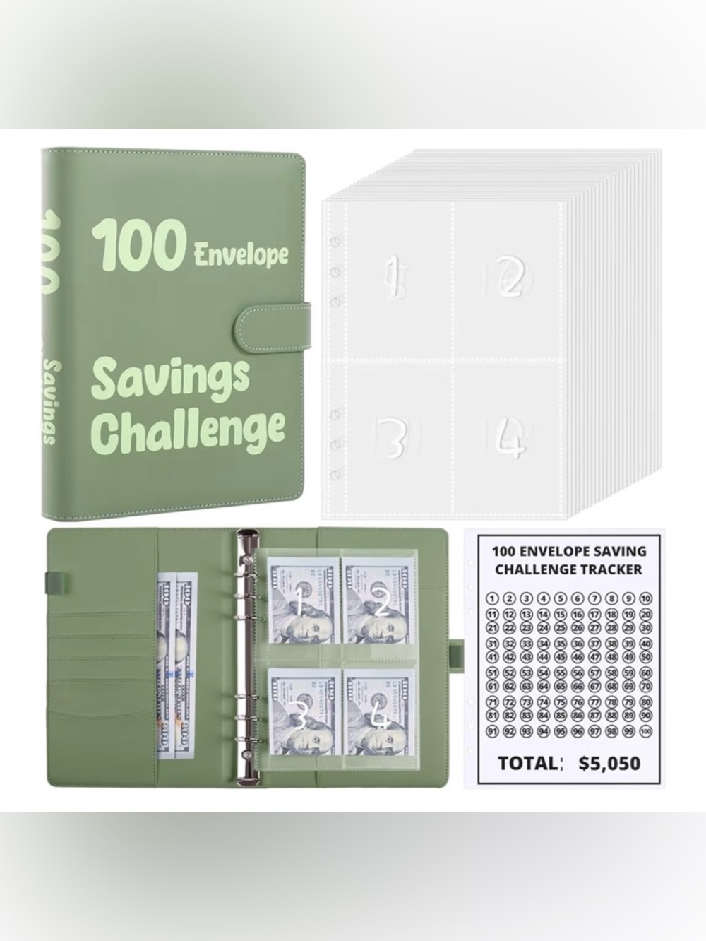 100 Envelope Saving (PACK OF 2) Challenge Binder - Sage Green